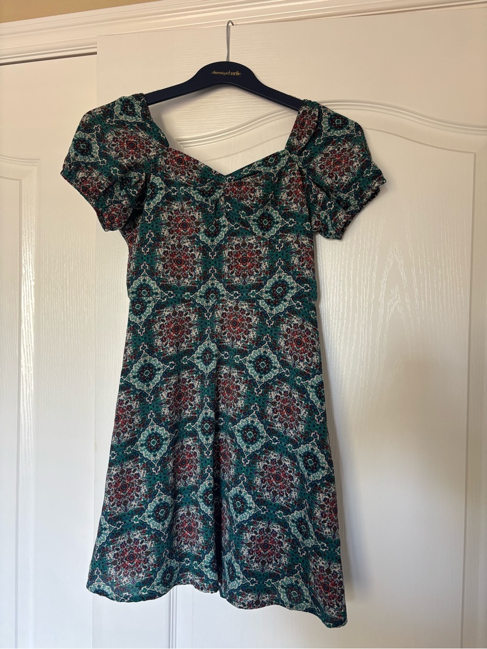 Juniors Teal and Rust Patterned Mini Dress